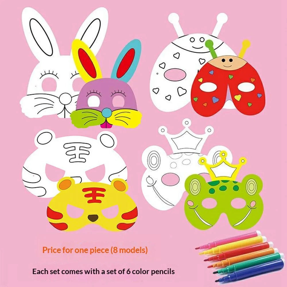 DIY Blank Animal Cartoon Masks Kids Coloring Art Set With 6 Color Pens Elastic Straps Creative Drawing Kit - AAA-133 - 2