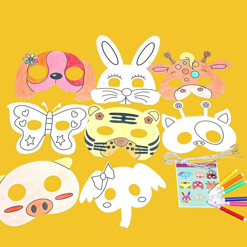 DIY Blank Animal Cartoon Masks Kids Coloring Art Set With 6 Color Pens Elastic Straps Creative Drawing Kit - AAA-133 - 3