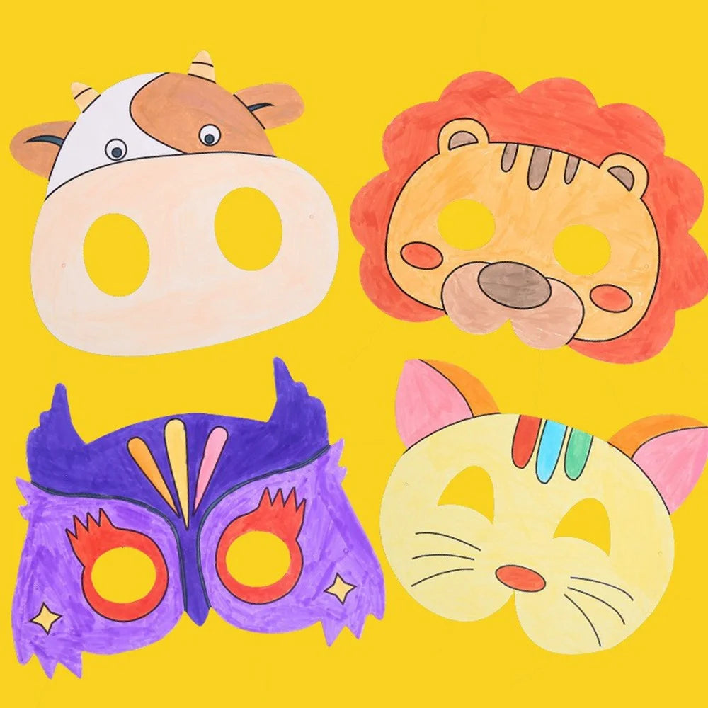 DIY Blank Animal Cartoon Masks Kids Coloring Art Set With 6 Color Pens Elastic Straps Creative Drawing Kit - AAA-133 - 6