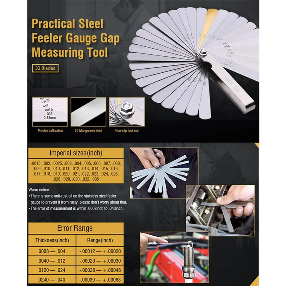 32 Blades Feeler Gauge Stainless Steel Dual Marked Metric and Imperial Gap Measuring Tool for Guitar Bass - 7