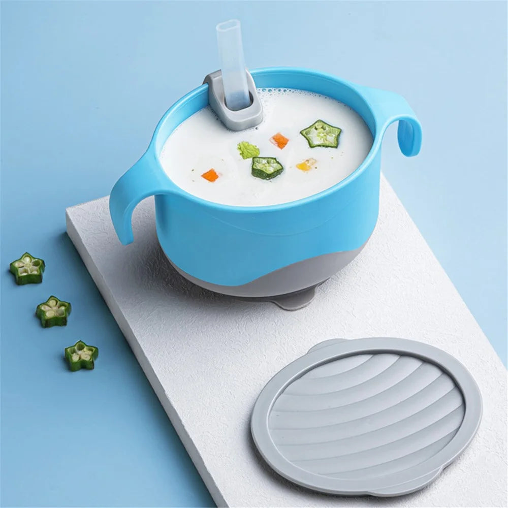 HOGOKIDS Baby Bowl Set with Straw Silicone +TPE+PP Suction Bowl Self-Feeding Eating Utensils (No FDA, BPA-Free) - Blue - 5