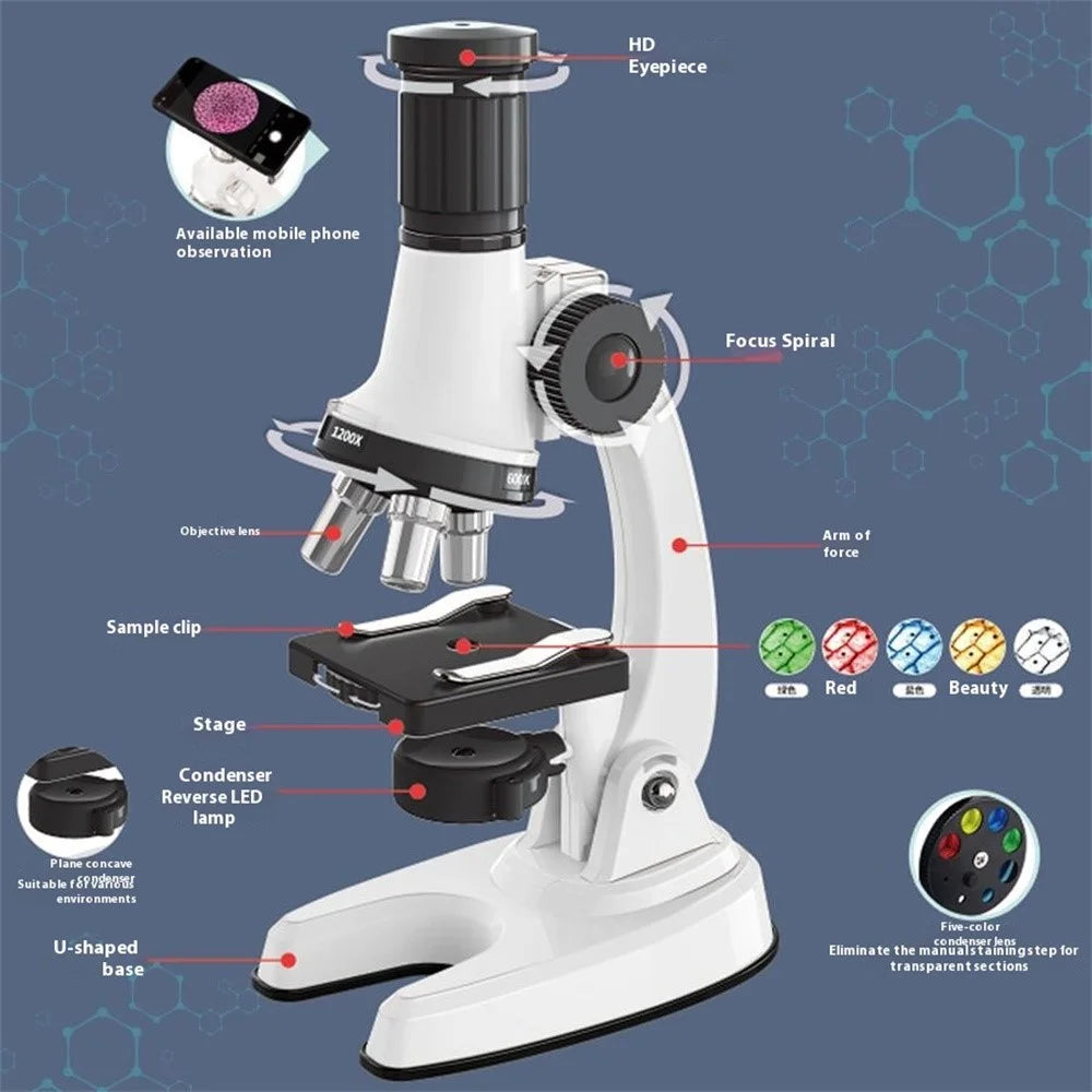 C2227A Kids Microscope Kit 1200x Magnification Kids Beginner Microscope Science Education Experiments - 3