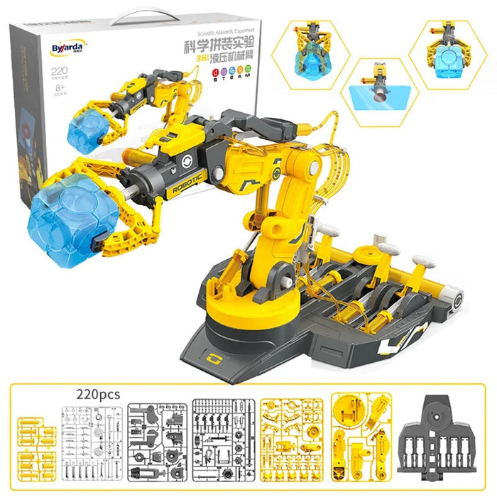 DIY 3 in 1 Assembled Explore Kids Hydraulic Robot Mechanical Arm Science Experiment Puzzle Toy - Grey + Yellow - 1