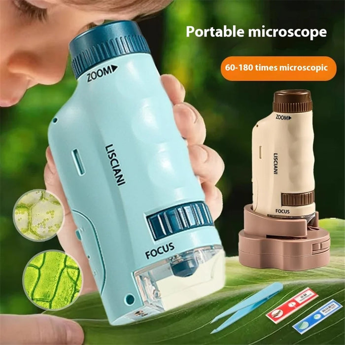 2509 Children Calibrated 180X Microscope with Base Handheld Portable STEM Optical Microscope Educational Toy - Red - 2