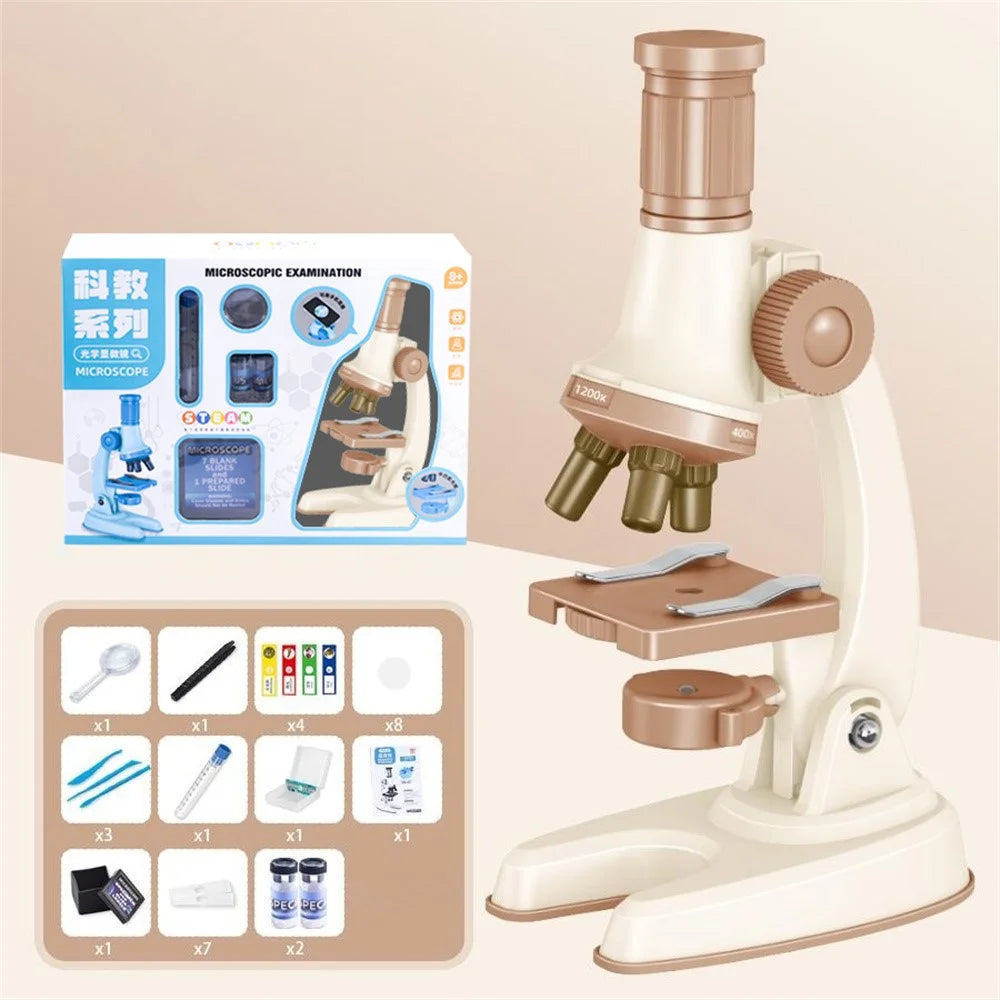 C2502U Kids Microscope Set 1200x Magnification Educational Science Toy STEM Learning Optical Kit for Biology Experiments - Beige - 2