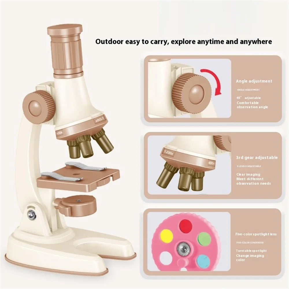 C2502U Kids Microscope Set 1200x Magnification Educational Science Toy STEM Learning Optical Kit for Biology Experiments - Beige - 4