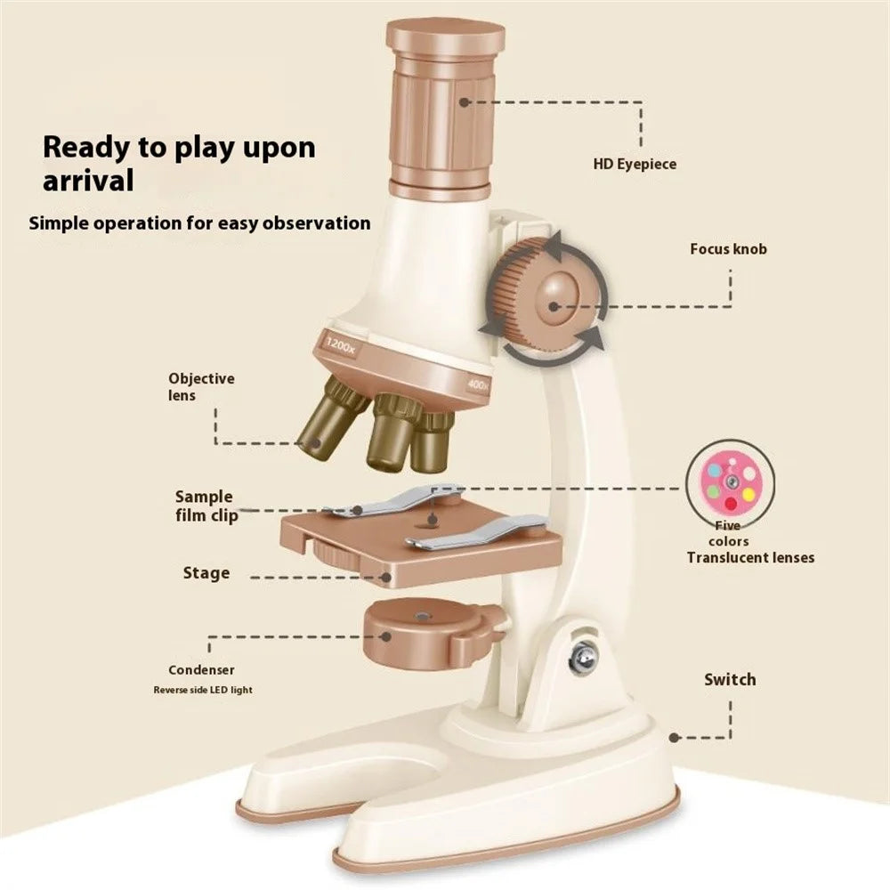C2502U Kids Microscope Set 1200x Magnification Educational Science Toy STEM Learning Optical Kit for Biology Experiments - Beige - 6