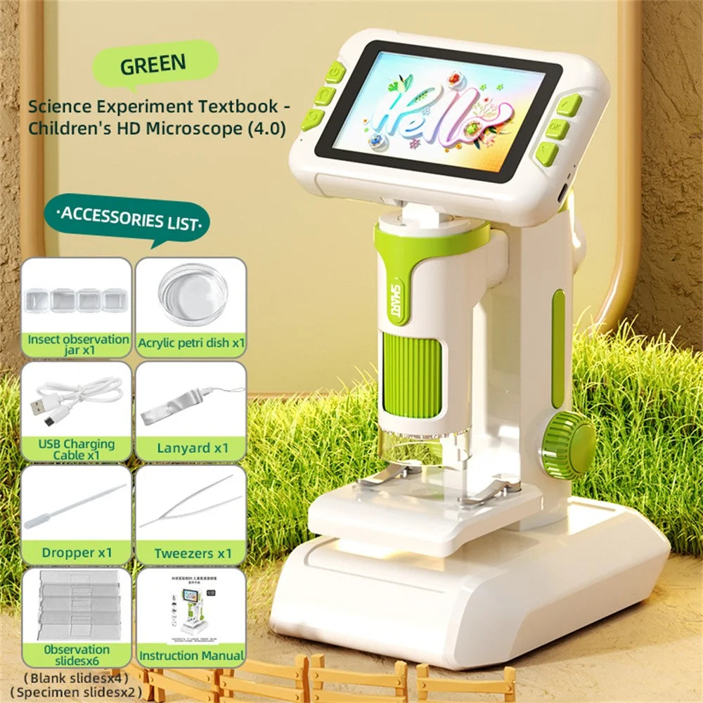 P01 4.0 inch HD Digital Microscope Science Experiment Kit Gift for Children Photo Video Capture Object Observation - Green - 2