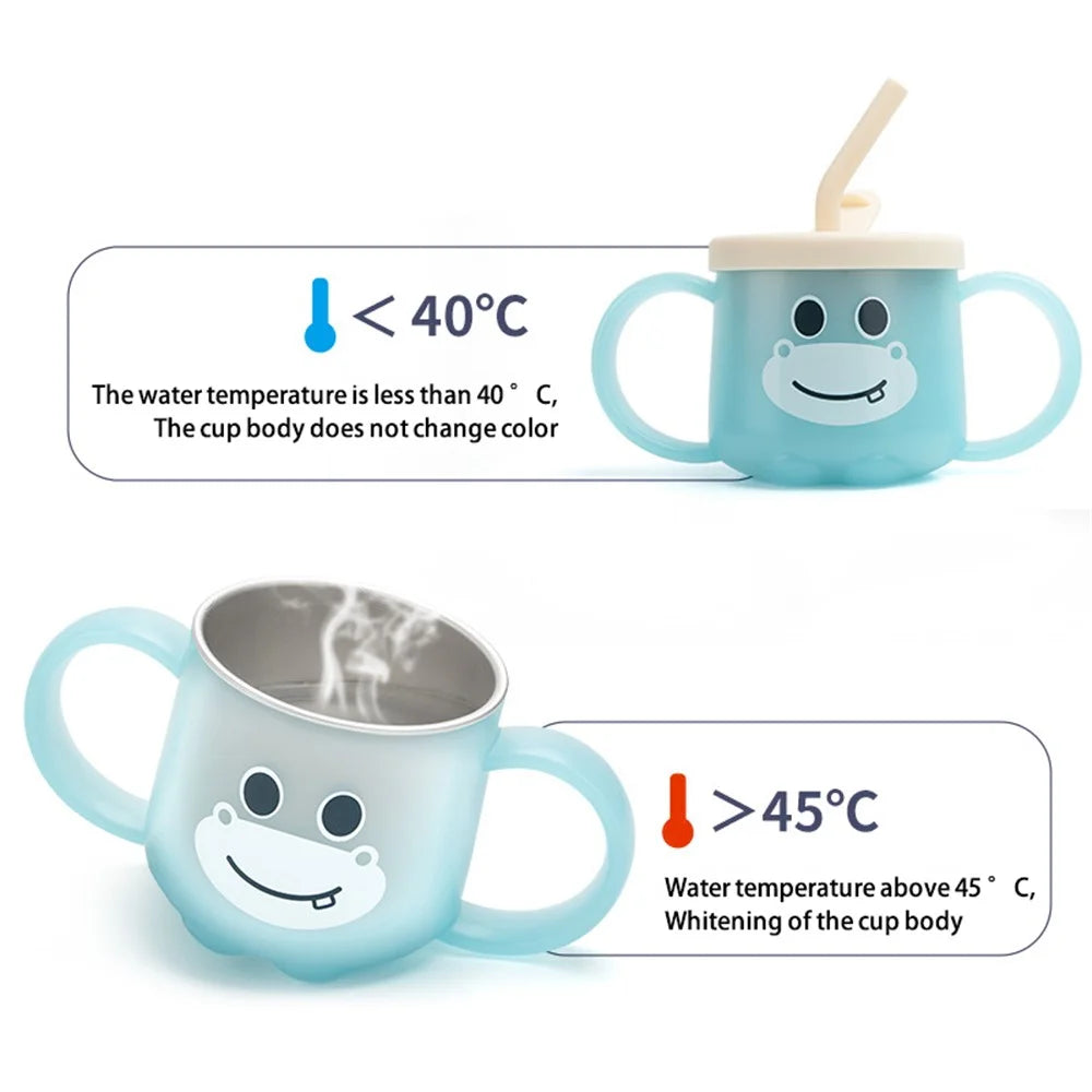 Scale Design Stainless Steel Toddler Cup Temperature-sensing Kids Milk Mug with Lid and Straw (BPA-Free, No FDA Certified) - Green - 5