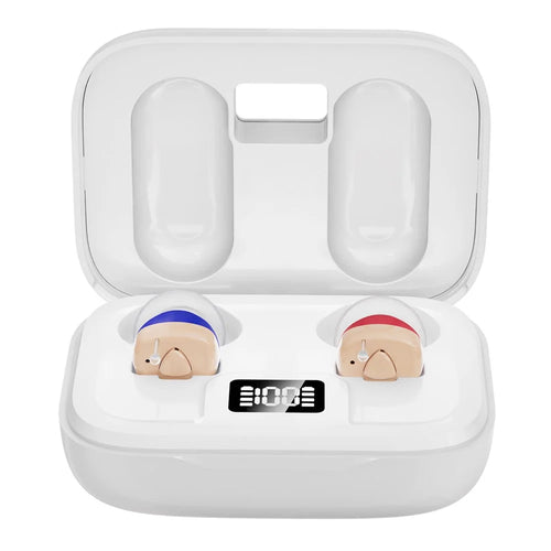 GM-915T Rechargeable Hearing Aids Smart Digital Display In-Ear Elderly Voice Sound Amplifier with Charging Case - Red Blue  /  White Case - 1