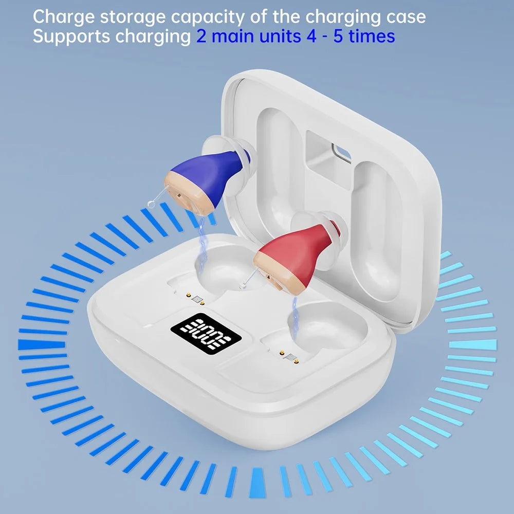 GM-915T Rechargeable Hearing Aids Smart Digital Display In-Ear Elderly Voice Sound Amplifier with Charging Case - Red Blue  /  White Case - 4
