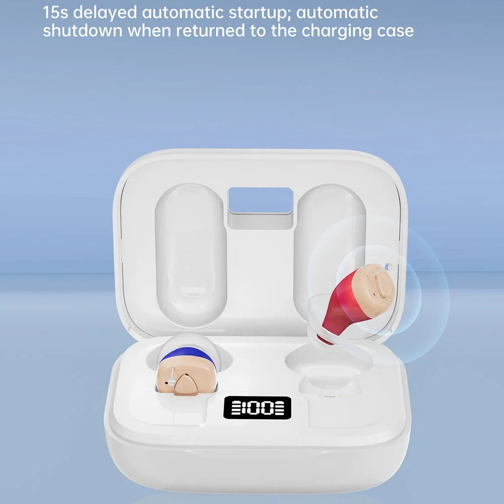 GM-915T Rechargeable Hearing Aids Smart Digital Display In-Ear Elderly Voice Sound Amplifier with Charging Case - Red Blue  /  White Case - 7