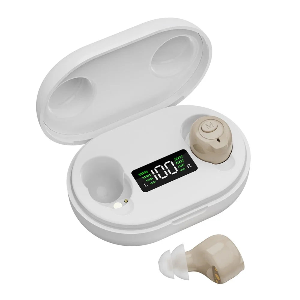 GM-903 Hearing Aid with Charging Case Rechargeable LED Digital Display Voice Sound Amplifier for Elderly - Beige  /  White Case - 1