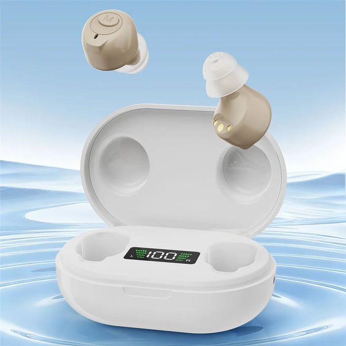 GM-903 Hearing Aid with Charging Case Rechargeable LED Digital Display Voice Sound Amplifier for Elderly - Beige  /  White Case - 2