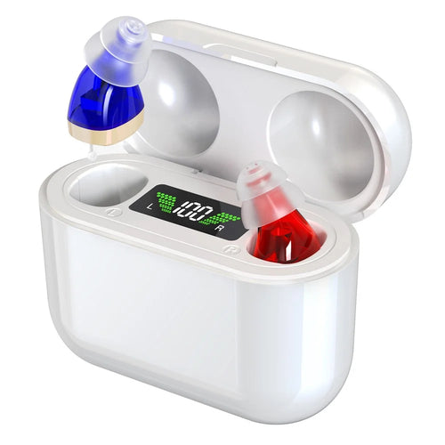GM-912T Ergonomic CIC Design Hearing Aids with Charging Case LED Digital Display Elderly Seniors Voice Sound Amplifier - Red Blue  /  White Case - 1