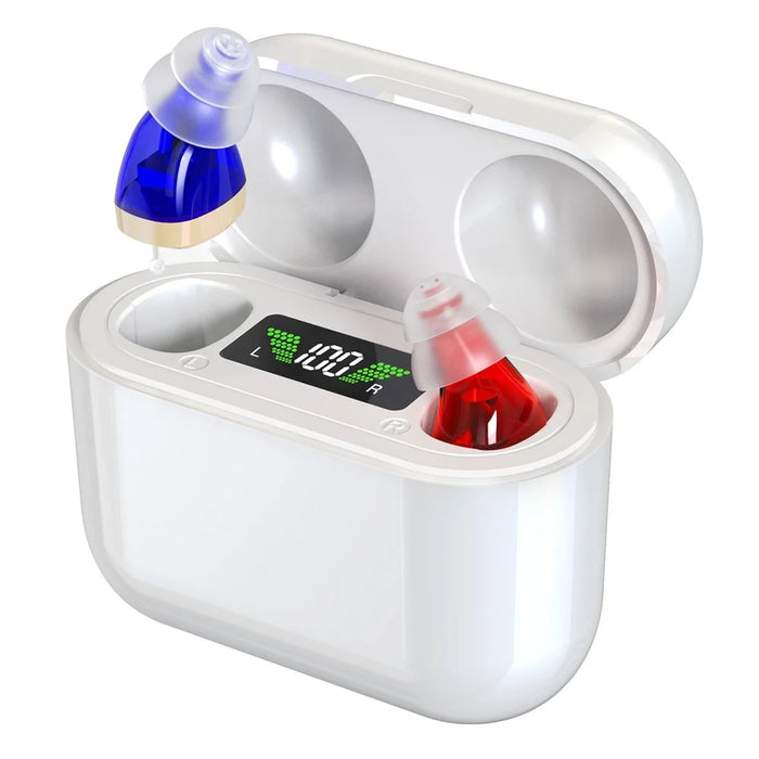 GM-912T Ergonomic CIC Design Hearing Aids with Charging Case LED Digital Display Elderly Seniors Voice Sound Amplifier - Red Blue  /  White Case - 1