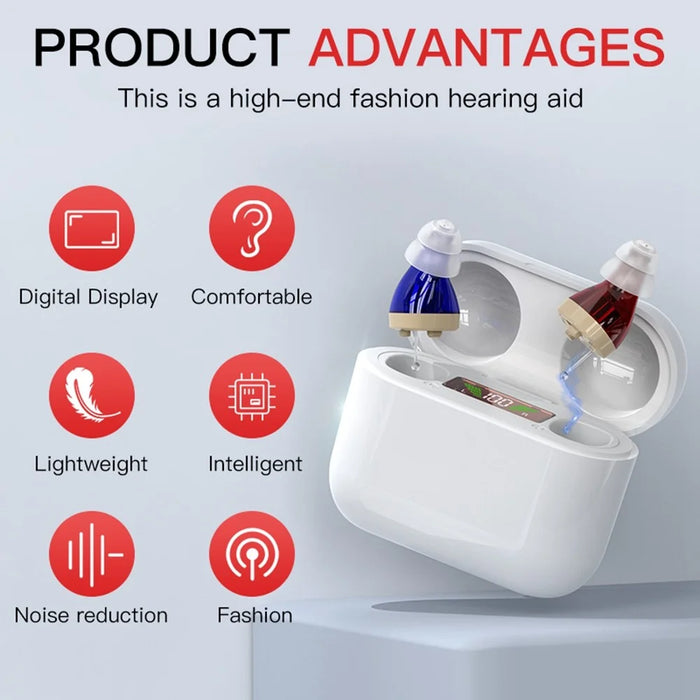 GM-912T Ergonomic CIC Design Hearing Aids with Charging Case LED Digital Display Elderly Seniors Voice Sound Amplifier - Red Blue  /  White Case - 3