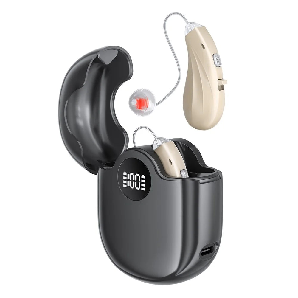 GM-362 RIC Invisible Hearing Aid Rechargeable Behind-the-Ear 16-Channel Digital Voice Sound Amplifier with Charging Case for Elderly - Beige  /  Black Case - 1