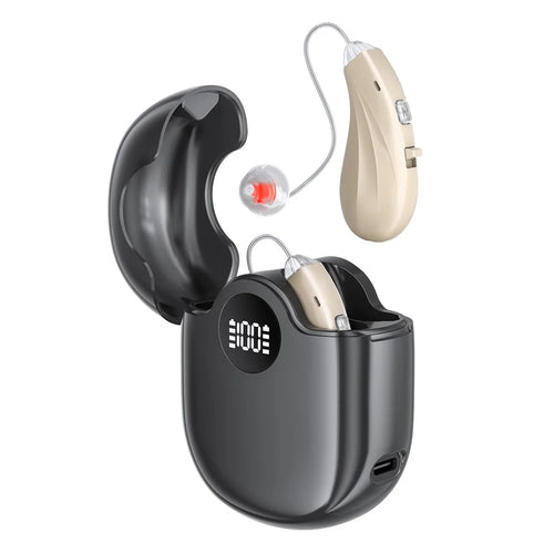 GM-362 RIC Invisible Hearing Aid Rechargeable Behind-the-Ear 16-Channel Digital Voice Sound Amplifier with Charging Case for Elderly - Beige  /  Black Case - 1