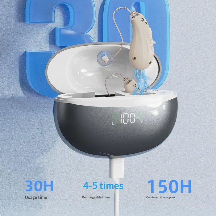 GM-313T RIC Behind-the-Ear Hearing Aid 16-Channel Digital Intelligent Voice Prompt Sound Amplifier for Elderly - Beige  /  Black Case - 5