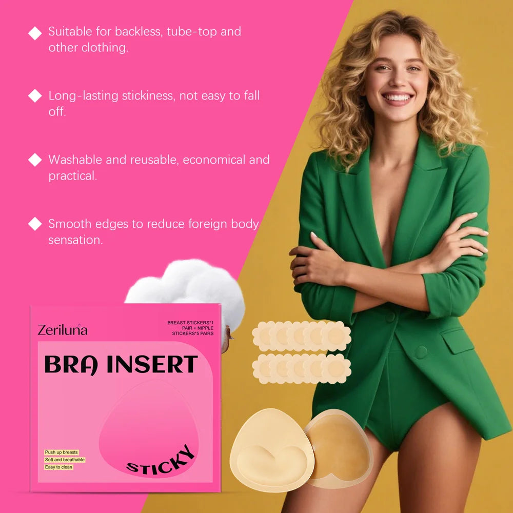 ZERILUNA 1 Pair Breathable Adhesive Breast Lift Tape and 5 Pairs Reusable Invisible Nipple Covers Set - 3