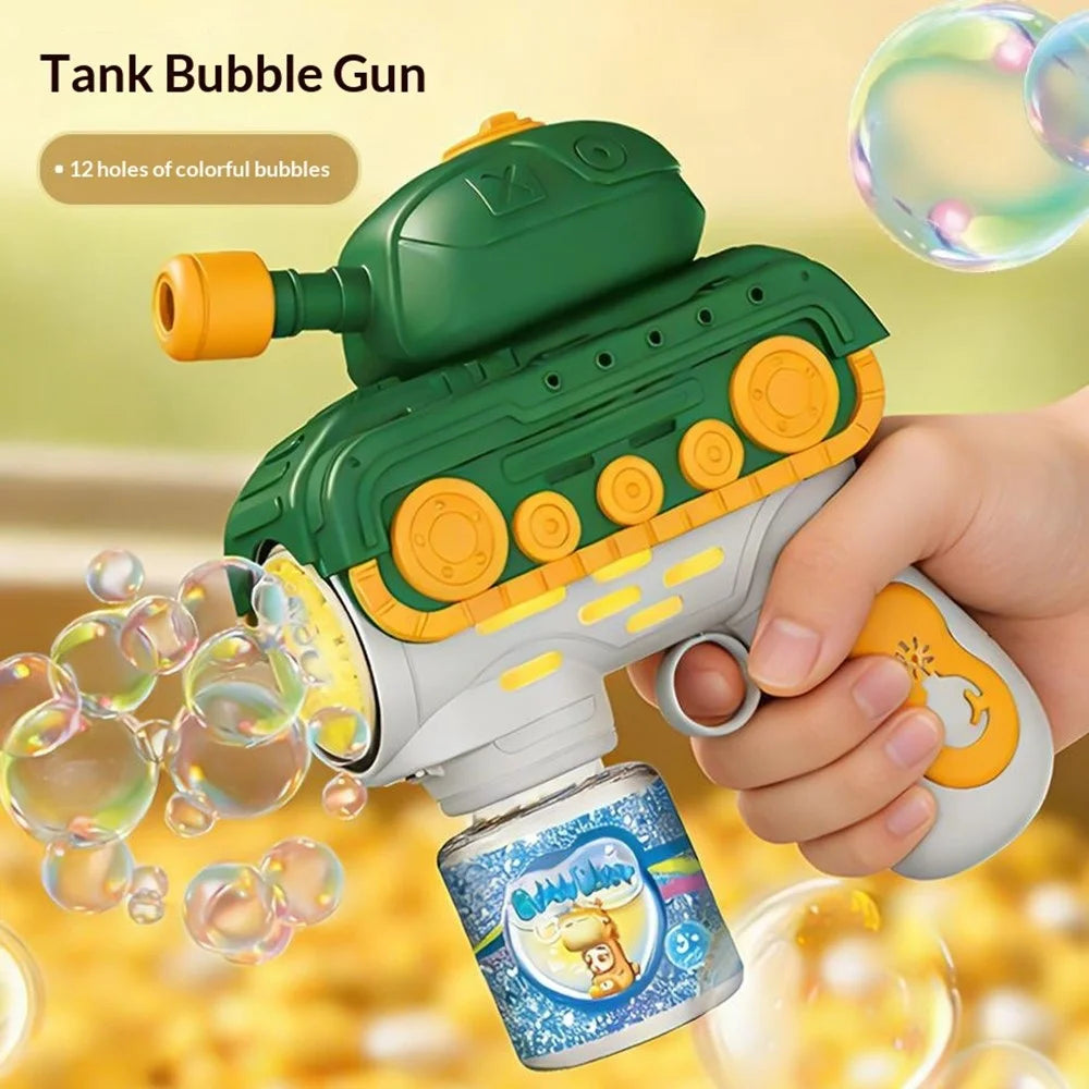 Kids Electric Tank Bubble Gun Outdoor 12 Holes Automatic Bubble Machine Handheld Toy with Bubble Solution Bottle - Green - 2
