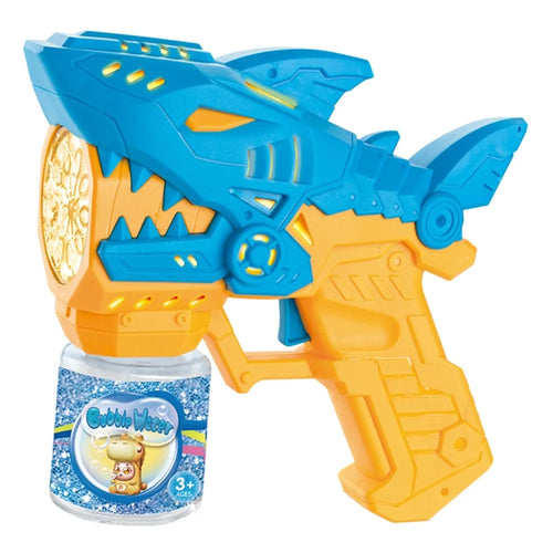 Kids Cartoon Shark Bubble Gun Electric Automatic Light-Up Bubble Machine Outdoor Toy with Bubble Solution Bottle - Yellow  /  Blue - 1