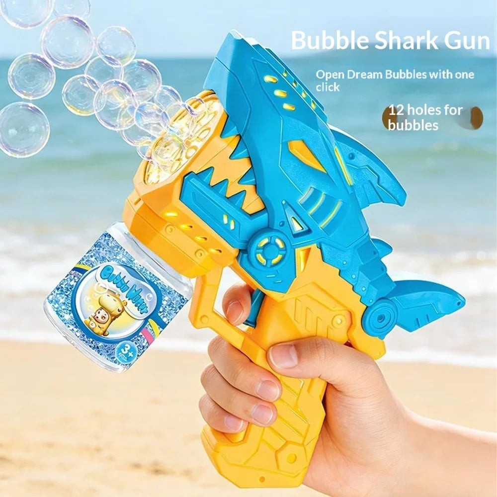 Kids Cartoon Shark Bubble Gun Electric Automatic Light-Up Bubble Machine Outdoor Toy with Bubble Solution Bottle - Yellow  /  Blue - 2