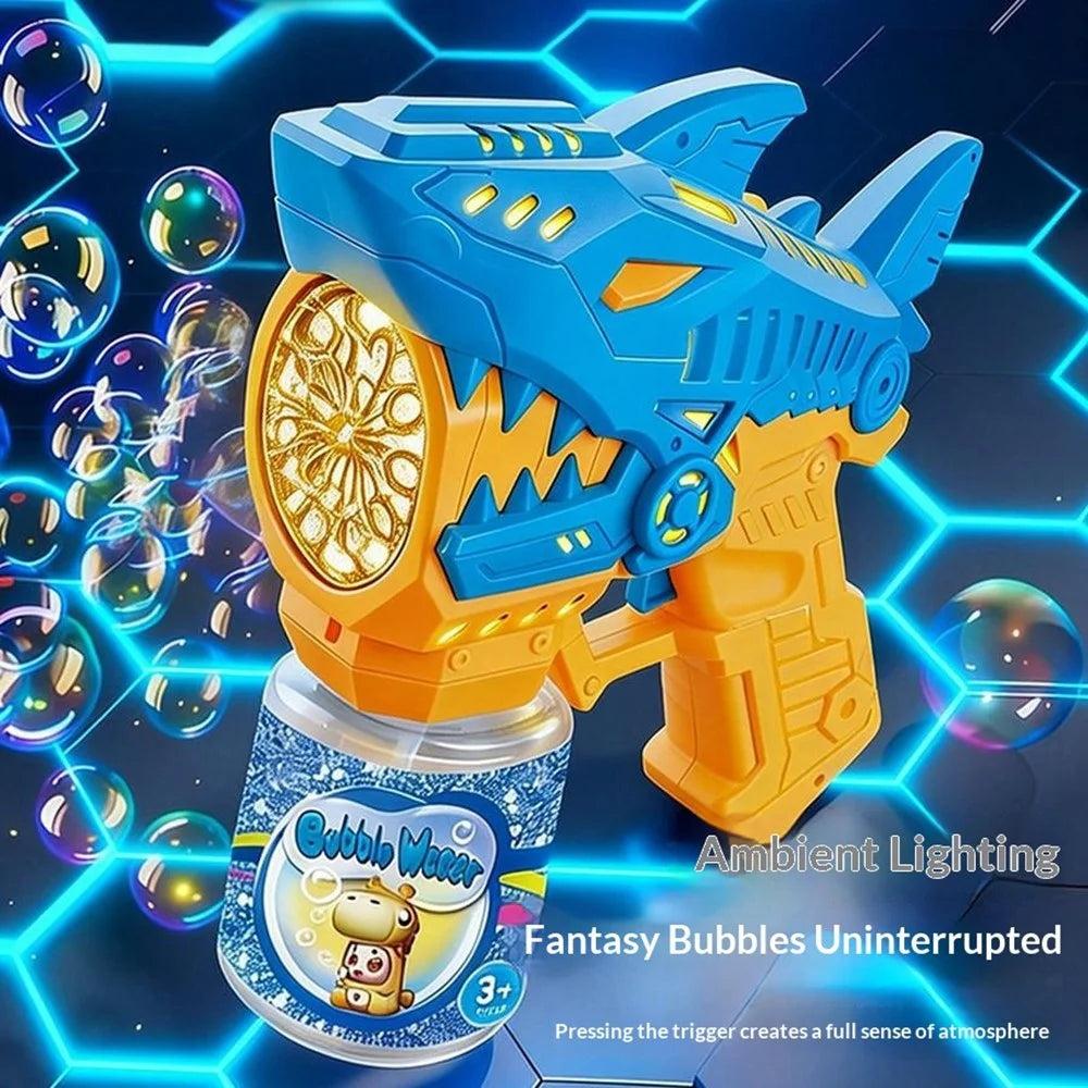 Kids Cartoon Shark Bubble Gun Electric Automatic Light-Up Bubble Machine Outdoor Toy with Bubble Solution Bottle - Yellow  /  Blue - 4