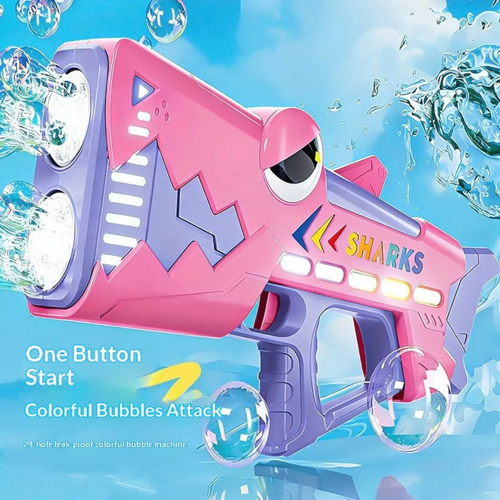 Kids Shark Electric Bubble Gun 24 Holes Automatic Light-Up Bubble Machine USB Rechargeable with Bubble Solution Bottle - Blue - 3