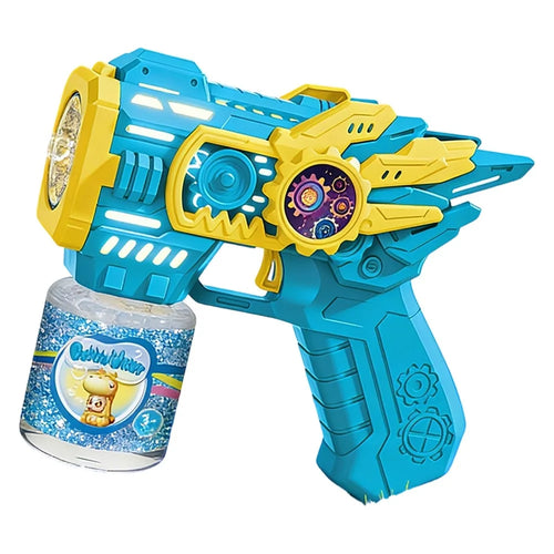Kids Electric Bubble Gun Automatic Multi-Hole Bubble Machine with LED Lights Gear Design Outdoor Toy with Bubble Solution Bottle - Blue - 1