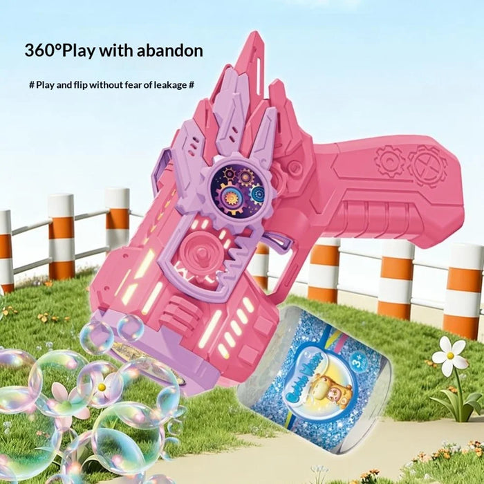 Kids Electric Bubble Gun Automatic Multi-Hole Bubble Machine with LED Lights Gear Design Outdoor Toy with Bubble Solution Bottle - Blue - 4