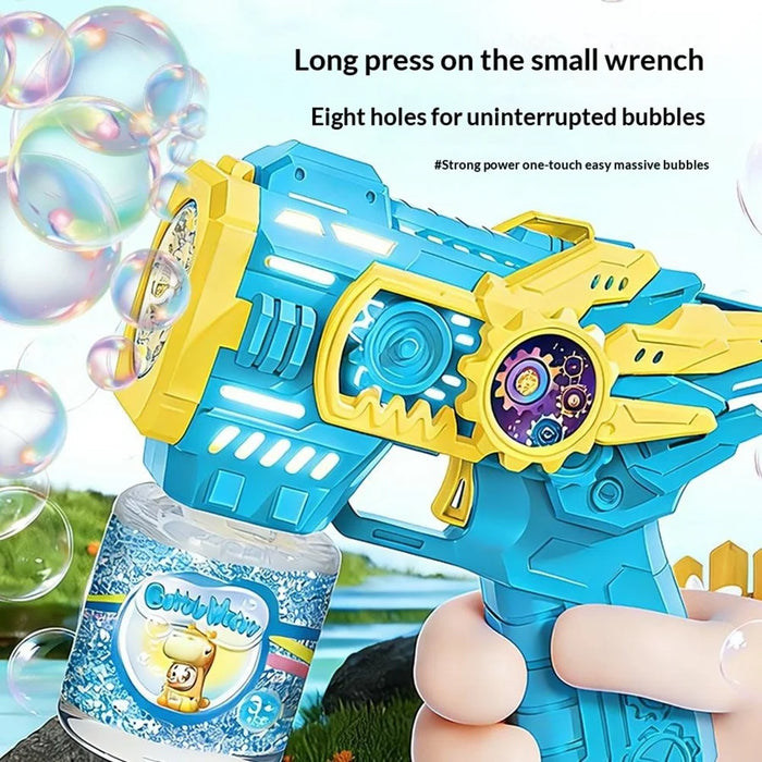 Kids Electric Bubble Gun Automatic Multi-Hole Bubble Machine with LED Lights Gear Design Outdoor Toy with Bubble Solution Bottle - Blue - 5