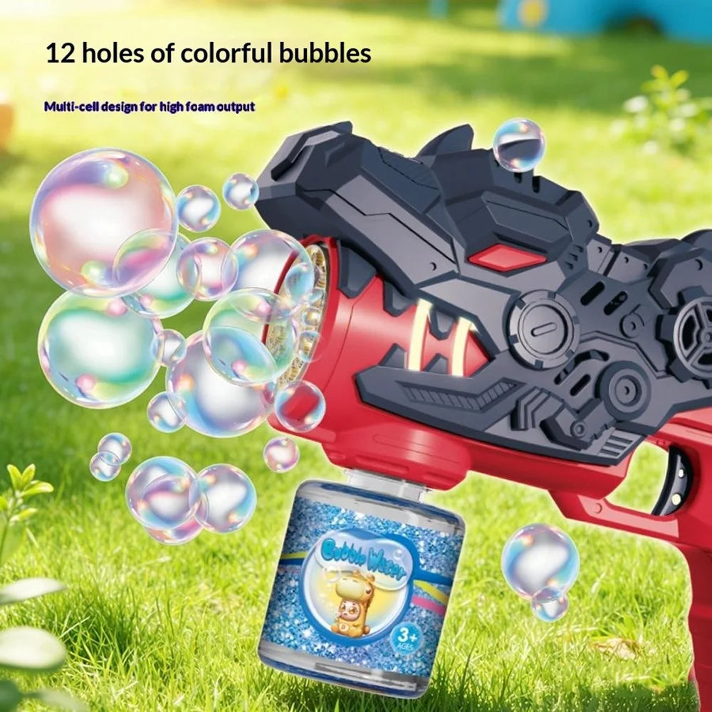 HT333-56 12 Holes Dinosaur Shaped Bubble Gun Toy Electric Bubble Maker Toy with LED Light Sound Effect for Kids Outdoor Play - Red - 3
