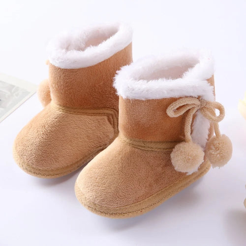 Polar Fleece Winter Toddler First Walking Shoes Non-Slip Baby Booties with Pompom Decor - Coffee / Size 12 - 1