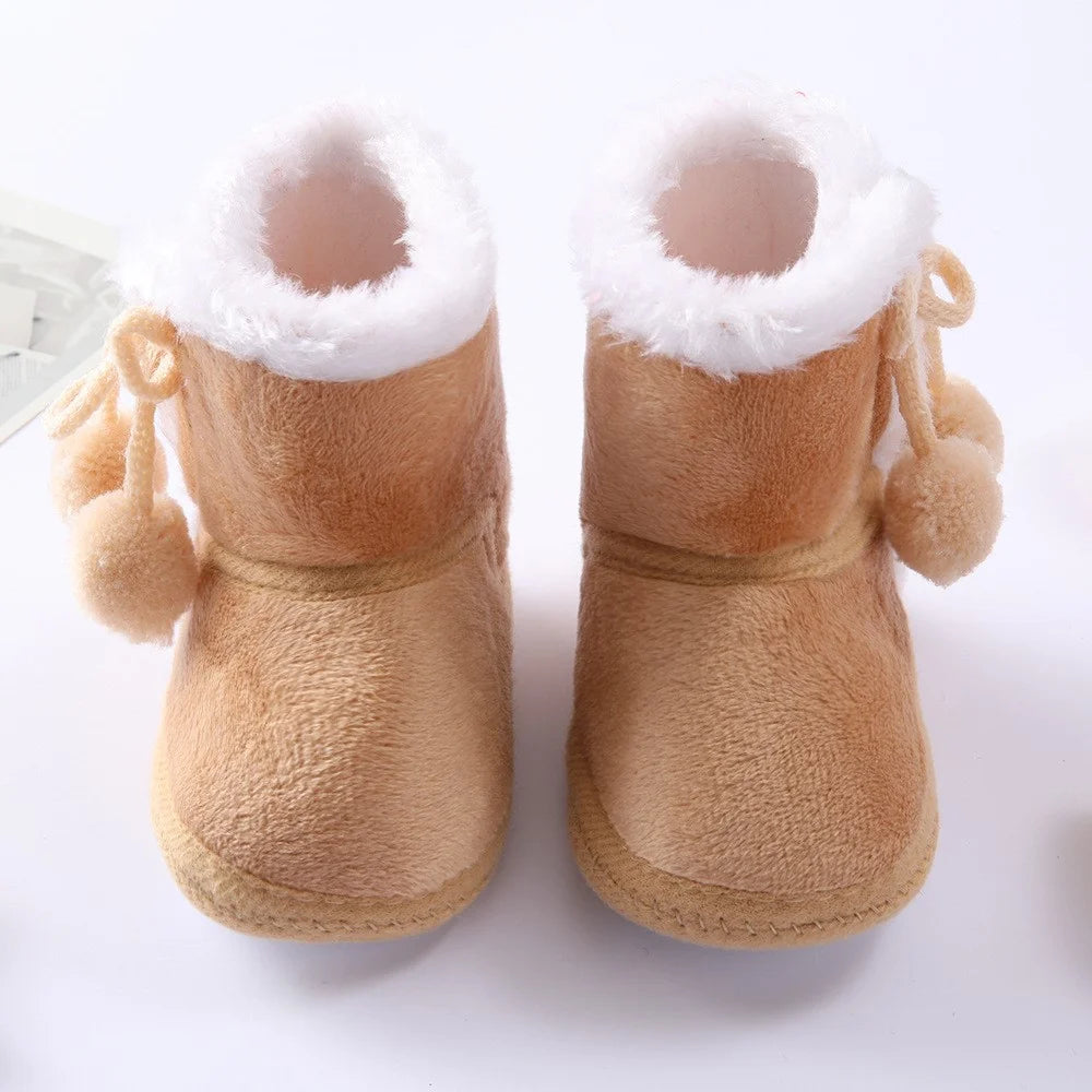 Polar Fleece Winter Toddler First Walking Shoes Non-Slip Baby Booties with Pompom Decor - Coffee / Size 12 - 2