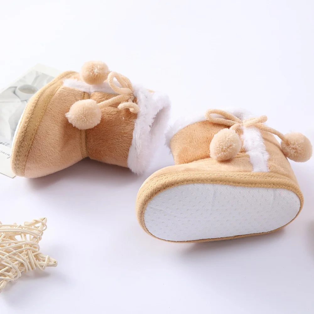 Polar Fleece Winter Toddler First Walking Shoes Non-Slip Baby Booties with Pompom Decor - Coffee / Size 12 - 3