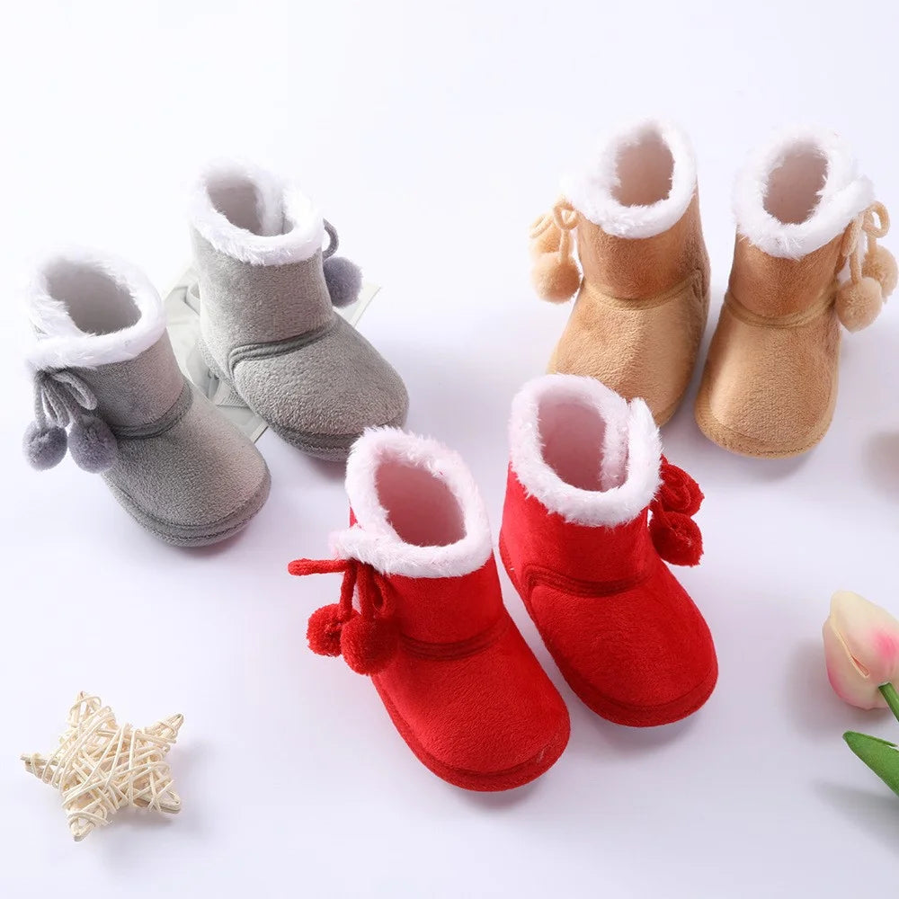 Polar Fleece Winter Toddler First Walking Shoes Non-Slip Baby Booties with Pompom Decor - Coffee / Size 12 - 4