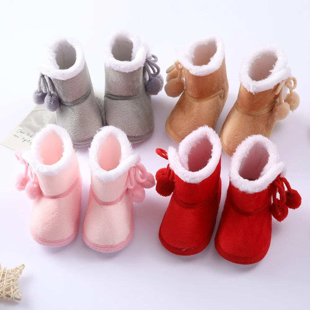 Polar Fleece Winter Toddler First Walking Shoes Non-Slip Baby Booties with Pompom Decor - Coffee / Size 12 - 5
