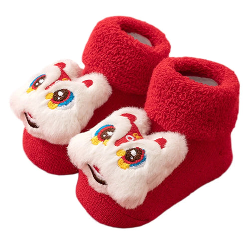 New Year Anti-Slip Baby Floor Socks Cute 3D Cartoon Winter Toddler Walking Socks - White Dancing Lion / S - 1