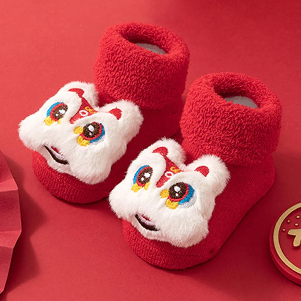 New Year Anti-Slip Baby Floor Socks Cute 3D Cartoon Winter Toddler Walking Socks - White Dancing Lion / S - 2