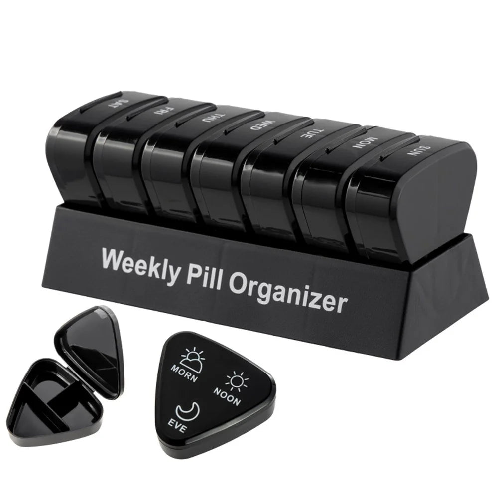 21027 Portable PP Daily Pill Case 2 Times A Day 7 Day Seal Pill Box Holder Easy-Open Weekly Medicine Organizer (No FDA, BPA Free) - Black - 1