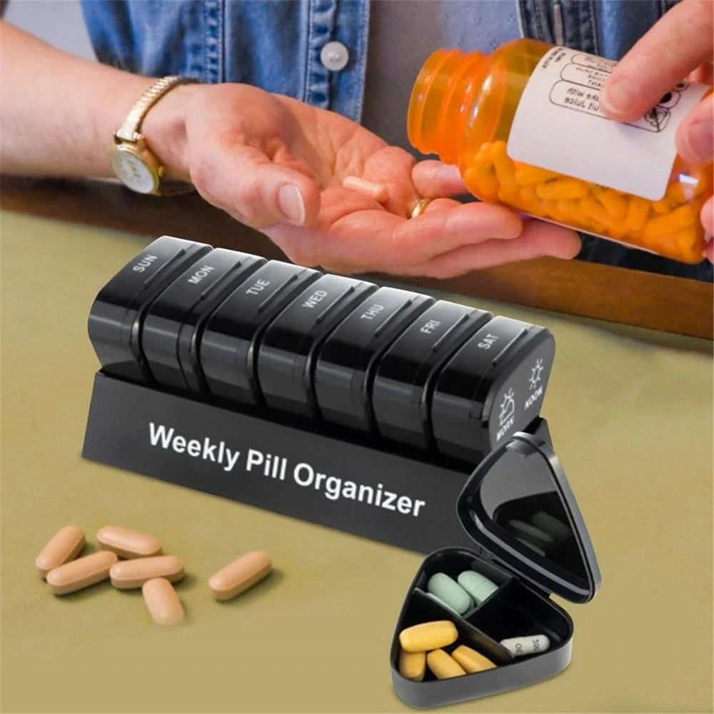21027 Portable PP Daily Pill Case 2 Times A Day 7 Day Seal Pill Box Holder Easy-Open Weekly Medicine Organizer (No FDA, BPA Free) - Black - 6