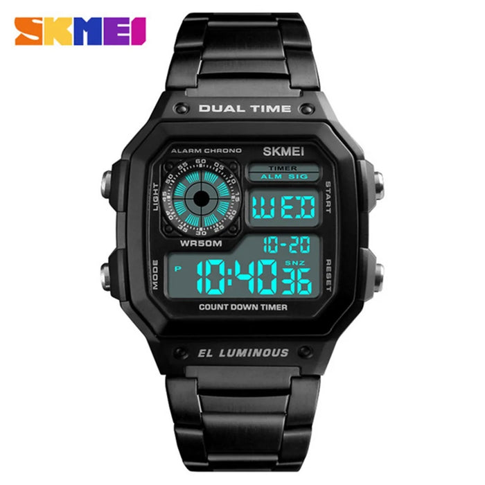 SKMEI Men's  Business Square Dial Digital Watch [Dual Time] [EL Luminous] - Black - 1