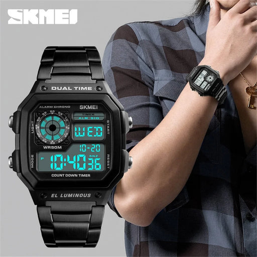 SKMEI Men's  Business Square Dial Digital Watch [Dual Time] [EL Luminous] - Black - 2