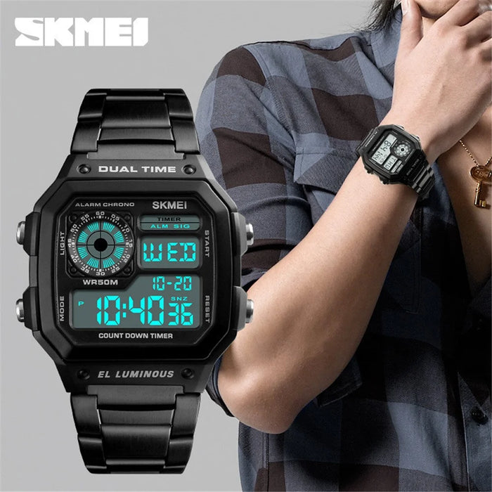 SKMEI Men's  Business Square Dial Digital Watch [Dual Time] [EL Luminous] - Black - 2