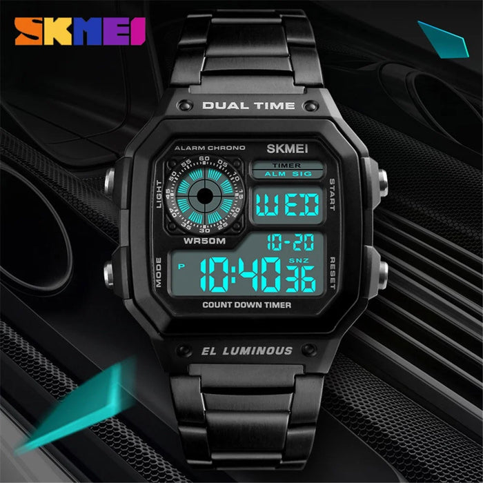 SKMEI Men's  Business Square Dial Digital Watch [Dual Time] [EL Luminous] - Black - 4