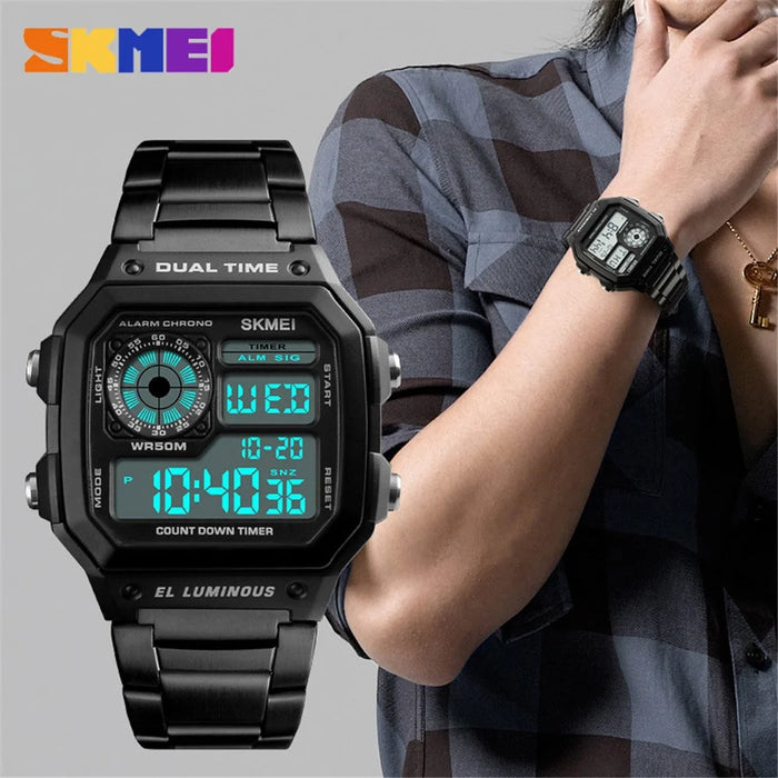 SKMEI Men's  Business Square Dial Digital Watch [Dual Time] [EL Luminous] - Black - 5
