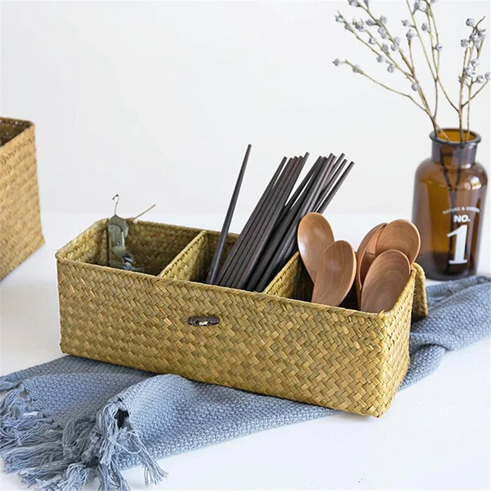 Handmade Woven Desktop Storage Basket Three Plaid Sundries Organize Jewelry Cosmetic Storage Box - 1