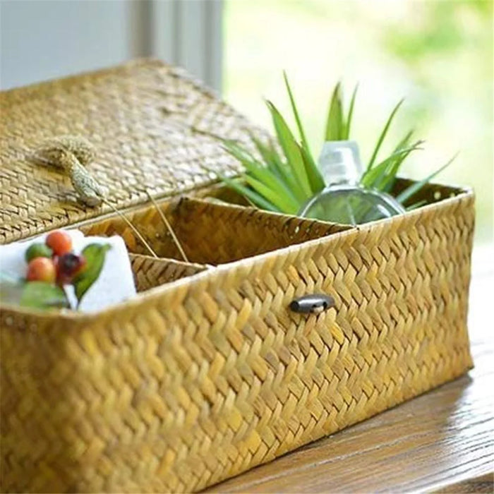 Handmade Woven Desktop Storage Basket Three Plaid Sundries Organize Jewelry Cosmetic Storage Box - 2